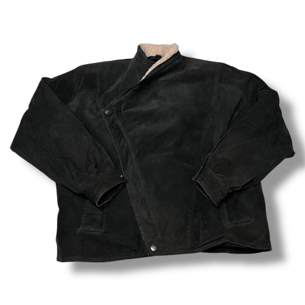 Mirage Vintage Korea Sherpa Collard Black Leather Zip Up Jacket Men’s Size 42/L